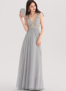 Lace Floor-Length A-Line Chiffon Prom Dresses With Madeleine Rhinestone V-neck