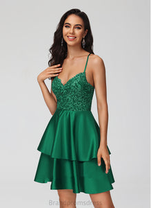 Homecoming Dresses Anabelle Short/Mini Lace Lace Homecoming Satin With Dress A-Line V-neck Sequins