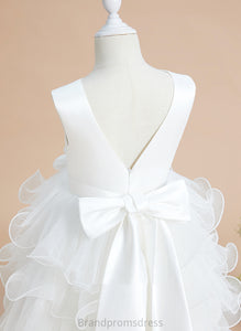 Flower Girl Dresses V-neck With Girl Flower Bow(s) Tea-length Satin/Tulle - Ball-Gown/Princess Katie Sleeveless Dress