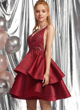Load image into Gallery viewer, A-Line V-neck Dress Sequins With Homecoming Lace Homecoming Dresses Satin Beading Short/Mini Rebecca