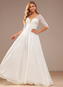 Dress Lace Floor-Length Chiffon Jaylee A-Line V-neck Wedding Dresses Sequins Wedding With Ruffle