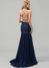 Load image into Gallery viewer, Neckline Tulle Trumpet/Mermaid Lace Sequins Kimberly Train Square Sweep Prom Dresses With