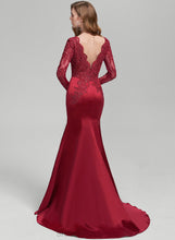 Load image into Gallery viewer, Sweep V-neck Trumpet/Mermaid Lace Sequins Trudie Satin Train Prom Dresses With