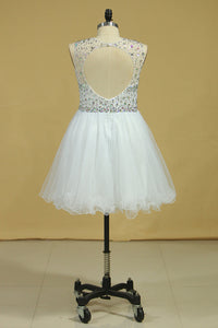 2022 Scoop Beaded Bodice A Line Prom Dress Short/Mini With Tulle Skirt White Plus Size