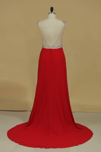 Load image into Gallery viewer, 2022 Scoop Sheath Prom Dresses Open Back Chiffon With Beading
