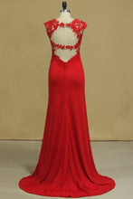 Load image into Gallery viewer, 2022 Red Straps Open Back Sheath Prom Dresses Spandex With Applique Open Back