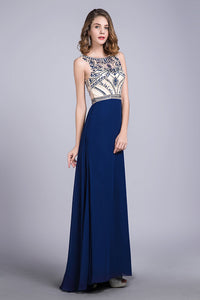 2024 Prom Dresses Scoop A Line Full Length Beaded Tulle Bodice With Chiffon Skirt Ready To Ship