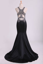 Load image into Gallery viewer, 2022 Black Scoop Mermaid Beaded Bodice Open Back Prom Dresses Satin Floor Length