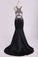2022 Black Scoop Mermaid Beaded Bodice Open Back Prom Dresses Satin Floor Length