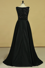 Load image into Gallery viewer, 2022 Black Prom Dresses Black Bodice Scoop Satin Floor Length Beaded &amp; Belt