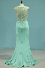 Load image into Gallery viewer, 2024 Prom Dresses Mermaid Scoop Spandex With Applique Sweep Train