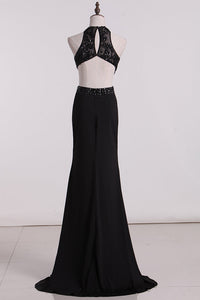 2024 See-Through Scoop Open Back Prom Dresses Spandex With Beads And Slit