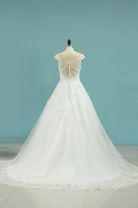 2024 Cap Sleeve Wedding Dresses A Line Tulle With Applique
