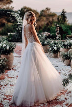 Load image into Gallery viewer, Elegant A Line V Neck Tulle Wedding Dresses With Flowers, V Back Beach Wedding Gowns
