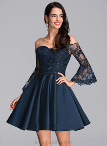 A-Line Short/Mini Homecoming Dresses Satin Homecoming Dress Mckenna With Off-the-Shoulder Lace