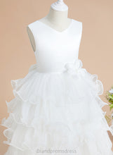Load image into Gallery viewer, Flower Girl Dresses V-neck With Girl Flower Bow(s) Tea-length Satin/Tulle - Ball-Gown/Princess Katie Sleeveless Dress