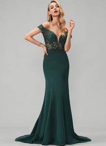 Maria Off-the-Shoulder Sequins Sweep Beading With Crepe Train Stretch Prom Dresses Trumpet/Mermaid
