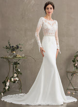 Load image into Gallery viewer, Scoop Trumpet/Mermaid Jakayla Crepe Neck Beading Dress With Lace Train Wedding Dresses Sequins Wedding Stretch Chapel