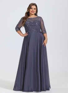 Floor-Length Lace Illusion A-Line Scoop Pleated Bianca Chiffon With Prom Dresses Sequins