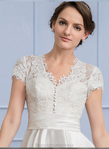 Wedding Lace Dress Tea-Length Averi V-neck Satin Ruffle Wedding Dresses With A-Line