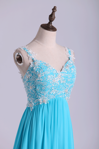 2022 Low Back Straps A Line Chiffon Prom Dress With Lace Bodice