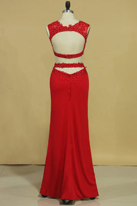 2022 Red Two-Piece Scoop Sheath With Applique And Beads Spandex Prom Dresses