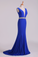 2022 Open Back Column Prom Dresses V Neck Dark Royal Blue Beaded Waistline Sweep Train