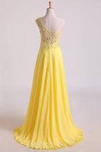 Load image into Gallery viewer, 2022 Hot One Shoulder A Line Prom Dress Beaded Tulle And Chiffon Court Train