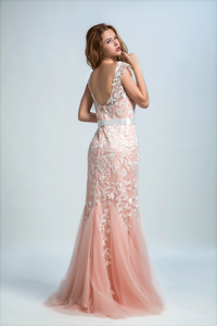 2024 Bicolor Prom Dresses Bateau Mermaid Low Back Sweep/Brush Train Tulle With Ivory Applique