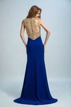 Load image into Gallery viewer, 2022 Scoop Neckline Column Beaded Bodice Prom Dresses With Court Train &amp; Slit