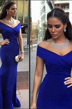 Load image into Gallery viewer, 2024 Prom Dresses Off The Shoulder Satin Mermaid Dark Royal Blue Sweep Train
