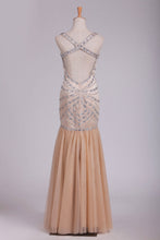 Load image into Gallery viewer, 2024 Prom Dresses Spaghetti Straps Open Back Tulle With Beading Floor Length