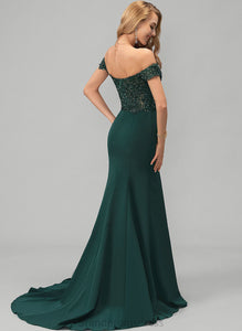 Maria Off-the-Shoulder Sequins Sweep Beading With Crepe Train Stretch Prom Dresses Trumpet/Mermaid