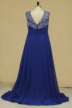 Load image into Gallery viewer, 2024 Plus Size Prom Dresses V Neck Beaded Bodice Chiffon Sweep Train