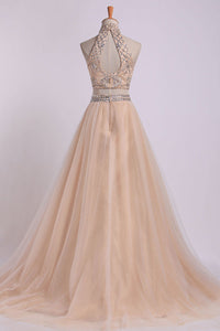 2022 Two-Piece High Neck Prom Dresses A Line Tulle With Beading