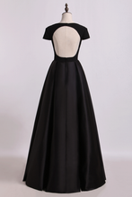 Load image into Gallery viewer, 2024 Open Back V-Neck Short Sleeve A-Line Satin Evening Dress Black Bodice Floor-Length