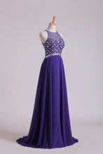 Load image into Gallery viewer, 2022 Hot Prom Dresses A Line Scoop Beaded Bodice Chiffon Sweep Train