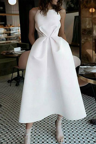 Homecoming Dresses Maribel A-Line Tea-Length White Prom Dress With Pockets