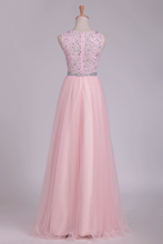 Load image into Gallery viewer, 2022 Prom Dresses A Line Scoop Beaded Bodice Floor Length Tulle