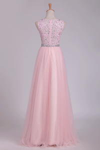 2022 Prom Dresses A Line Scoop Beaded Bodice Floor Length Tulle