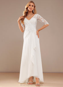 Lace Asymmetrical Wedding V-neck A-Line Crystal Wedding Dresses Chiffon Dress With Ruffle