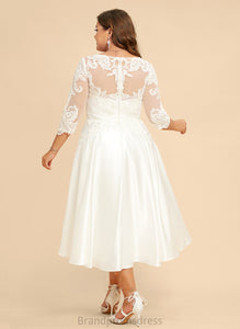 Alyssa Lace Wedding Dress Illusion Tea-Length Satin Wedding Dresses A-Line