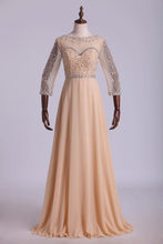 Load image into Gallery viewer, 2022 Prom Dresses Bateau 3/4 Length Sleeve A Line Chiffon With Beads