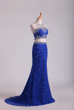 Load image into Gallery viewer, 2022 Two-Piece Scoop Mermaid Prom Dresses With Beading Lace Dark Royal Blue