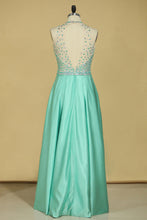 Load image into Gallery viewer, 2024 Plus Size Prom Dresses A Line Scoop Beaded Bodice Open Back Satin Floor Length