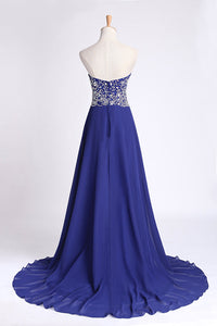 2024 Prom Dress Sweetheart Beaded Bodice A Line Chiffon Dark Royal Blue