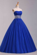 Load image into Gallery viewer, 2022 Prom Dress Strapless Dark Royal Blue A Line/Princess Pick Up Tulle Skirt Beaded Waistline