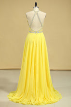 Load image into Gallery viewer, 2022 A Line Prom Dresses Halter Beaded Bodice Open Back Sweep Train Chiffon &amp; Tulle Daffodil