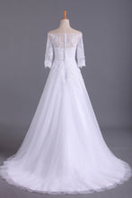 Load image into Gallery viewer, 2024 Shiny Wedding Dresses Bateau Half Length Sleeve A Line With Applique