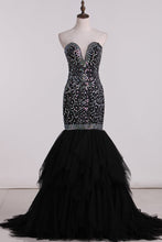 Load image into Gallery viewer, 2024 Sweetheart Beaded Bodice Prom Dresses Mermaid Tulle Sweep Train